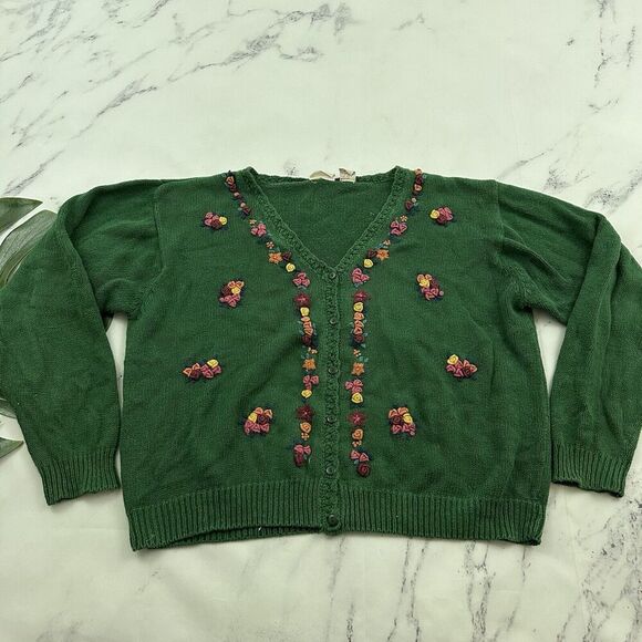 Huntington Ridge Womens Vintge 90s Cardigan Sweater Size L Green Floral Cottage - Picture 1 of 11